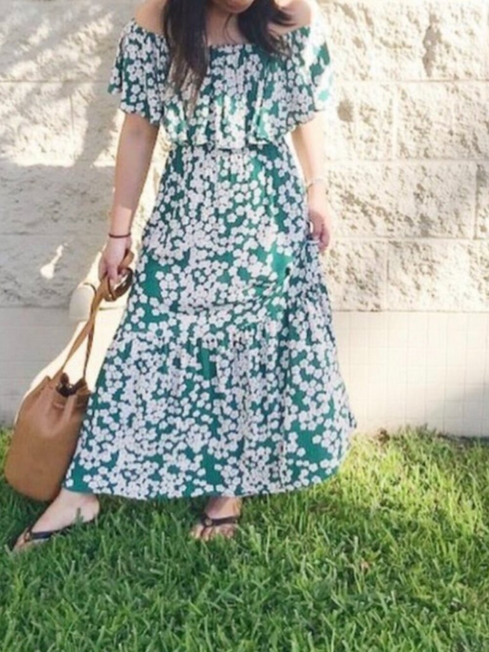 Fighting Eel Ava Sky green cherry blossom on/off the shoulder dress sz XS